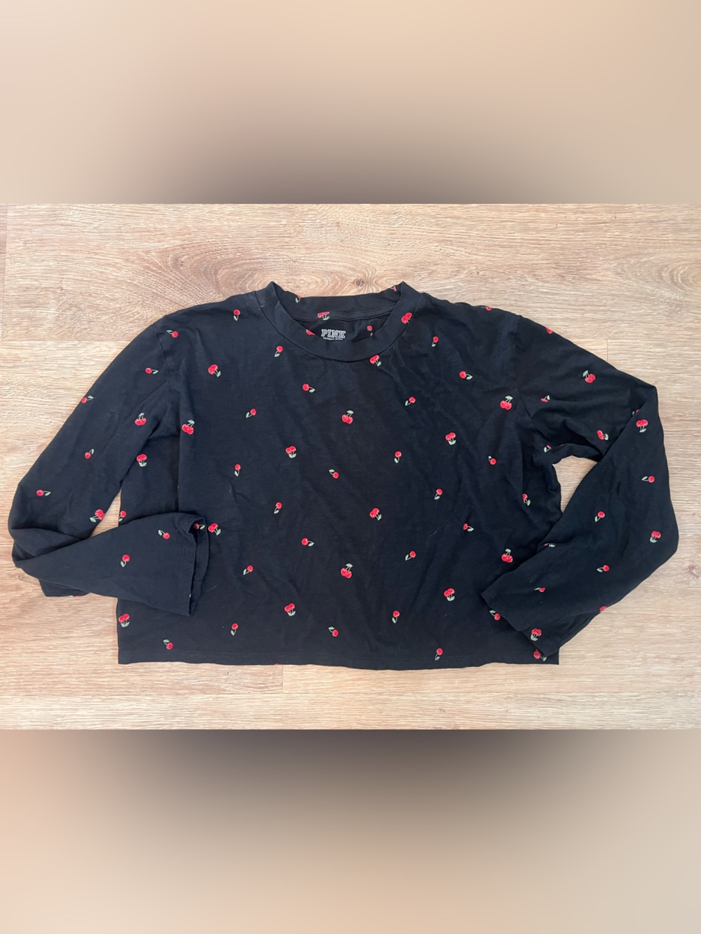 PINK Victoria's Secret Black Long-Sleeve Tee with Red Cherry Motif Large